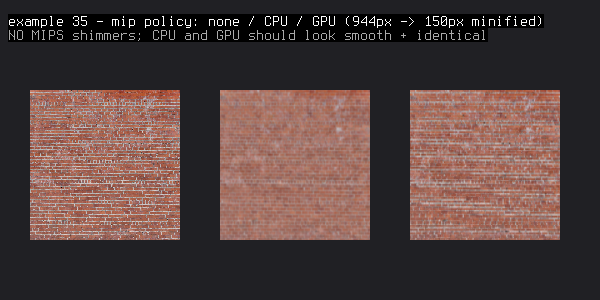 Example 35 - mipmap policy: none vs CPU vs GPU generation.
