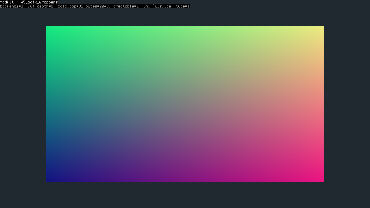 Exercises the thin bgfx wrappers added in the "missing bgfx API" pass.